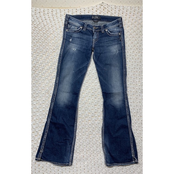 Silver Twisted Jeans Women 29x33 Approx W32 L32 Boot Cut Blue Denim Pockets - Picture 1 of 12